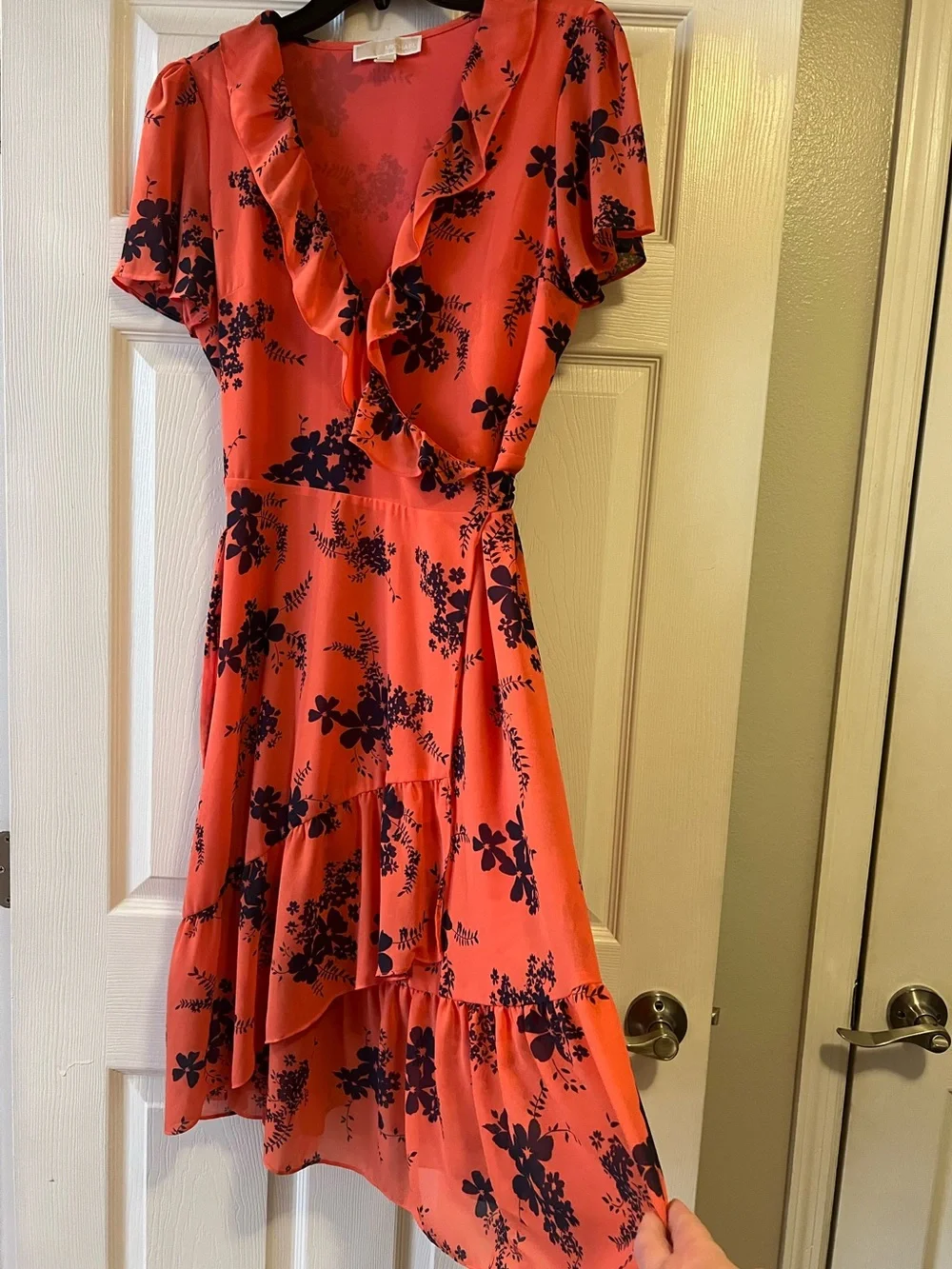 Michael Kor’s Coral Red Floral Ruffle Wrap Dress- Size Medium